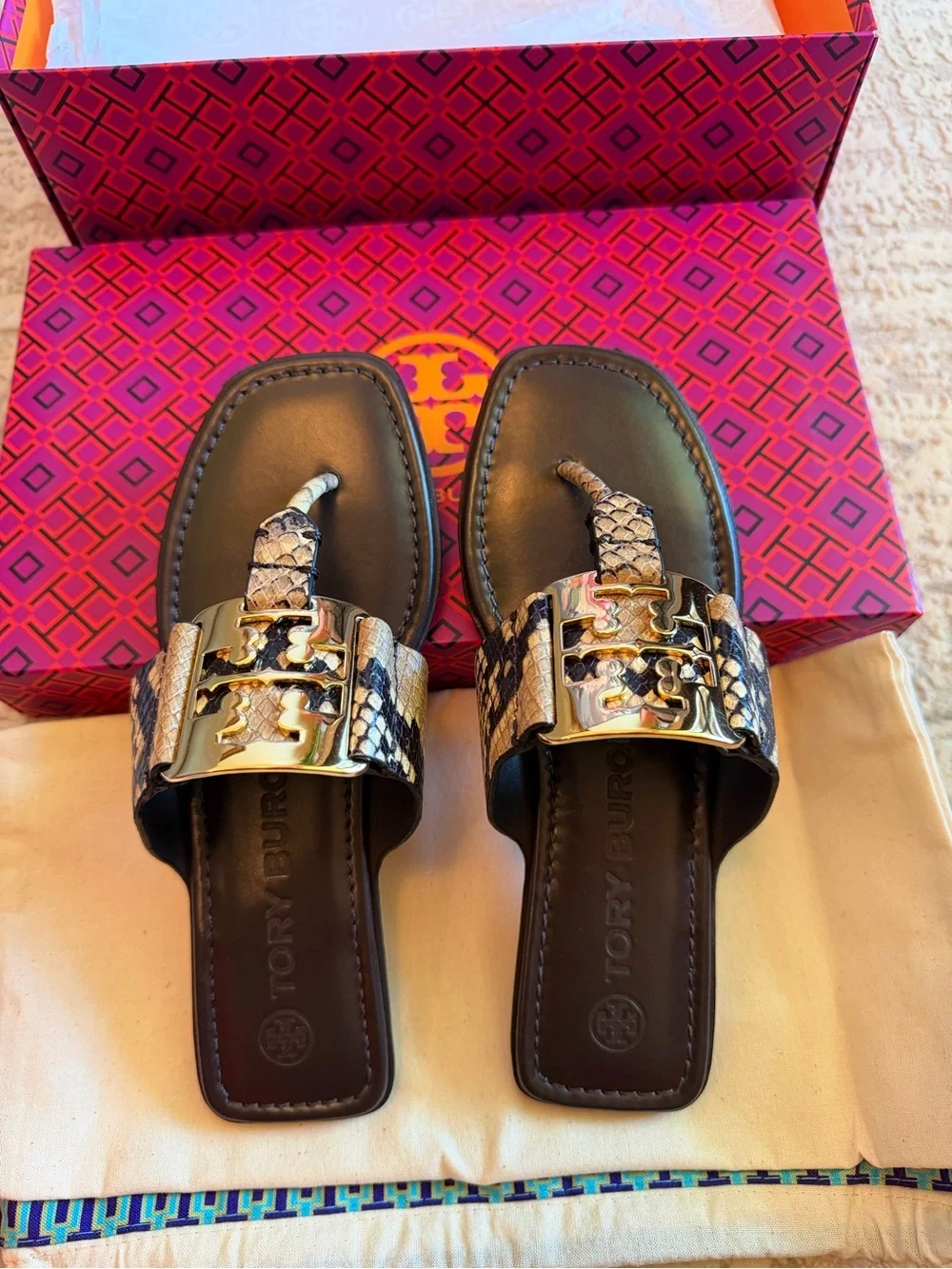 Tory Burch Georgia Snake-Print Straps and Gold Logo Sandals